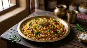 Aava pulihora recipe served on a plate — Andhra mustard tamarind rice with peanuts, cashews and curry leaves