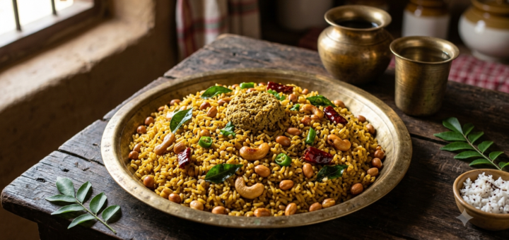 Aava pulihora recipe served on a plate — Andhra mustard tamarind rice with peanuts, cashews and curry leaves