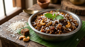 Atukula Prasadam Jaggery Recipe — bowl of sweet poha with coconut, cashews and raisins