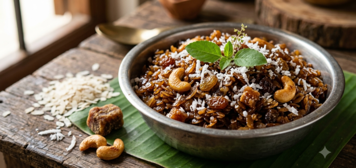 Atukula Prasadam Jaggery Recipe — bowl of sweet poha with coconut, cashews and raisins