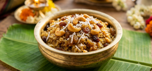 Atukula Prasadam Recipe Ingredients sweet poha with jaggery, cashews and raisins in a brass bowl