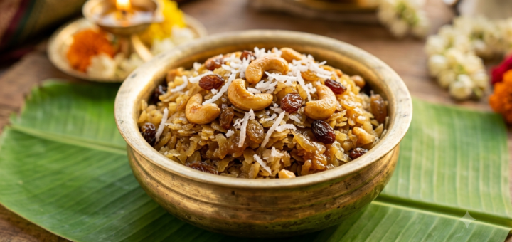 Atukula Prasadam Recipe Ingredients sweet poha with jaggery, cashews and raisins in a brass bowl