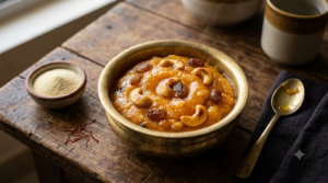 Best Rava For Kesari Bath — soft golden rava kesari topped with cashews and raisins