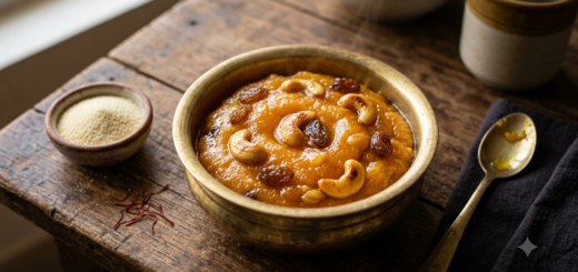 Best Rava For Kesari Bath — soft golden rava kesari topped with cashews and raisins