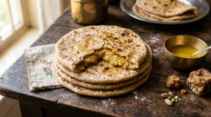 Bobbatlu Recipe Wheat Flour served on a plate with jaggery filling visible
