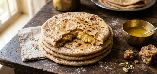 Bobbatlu Recipe Wheat Flour served on a plate with jaggery filling visible