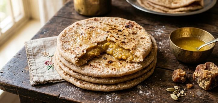 Bobbatlu Recipe Wheat Flour served on a plate with jaggery filling visible