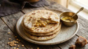 Soft bobbatlu recipe with jaggery served warm with ghee, torn open to show the chana dal poornam filling
