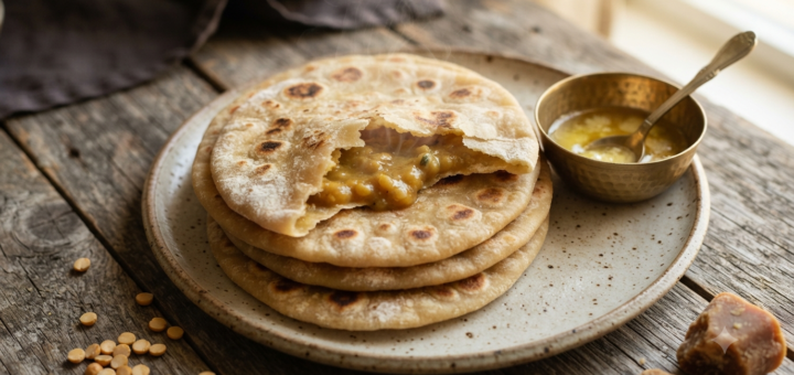 Soft bobbatlu recipe with jaggery served warm with ghee, torn open to show the chana dal poornam filling