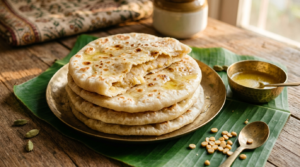 Bobbatlu recipe with sugar - stack of golden sweet flatbreads brushed with ghee
