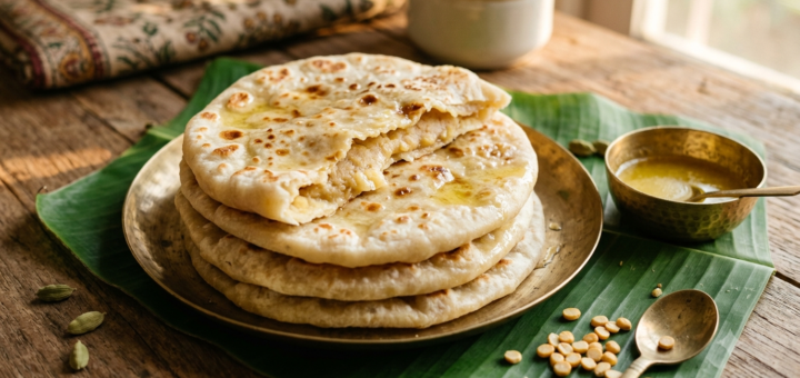 Bobbatlu recipe with sugar - stack of golden sweet flatbreads brushed with ghee
