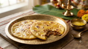 Bobbatlu recipe — soft chana dal and jaggery stuffed sweet poli on a plate with ghee