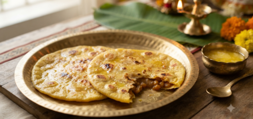 Bobbatlu recipe — soft chana dal and jaggery stuffed sweet poli on a plate with ghee