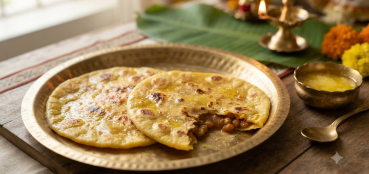 Bobbatlu recipe — soft chana dal and jaggery stuffed sweet poli on a plate with ghee