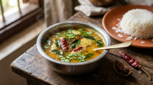 dal rasam recipe served hot in a bowl with rice, ghee tempering and coriander garnish