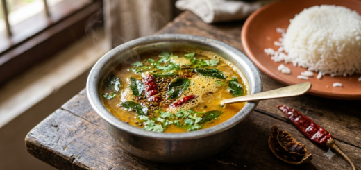 dal rasam recipe served hot in a bowl with rice, ghee tempering and coriander garnish