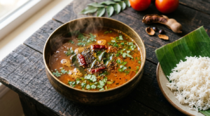 easy rasam recipe served hot in a bowl with tempering and coriander