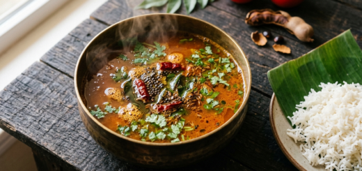 easy rasam recipe served hot in a bowl with tempering and coriander
