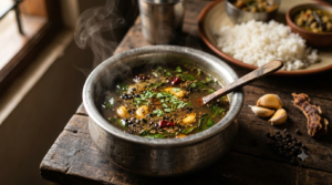 Garlic Pepper Rasam Without Tomato served hot in a bowl with coriander garnish