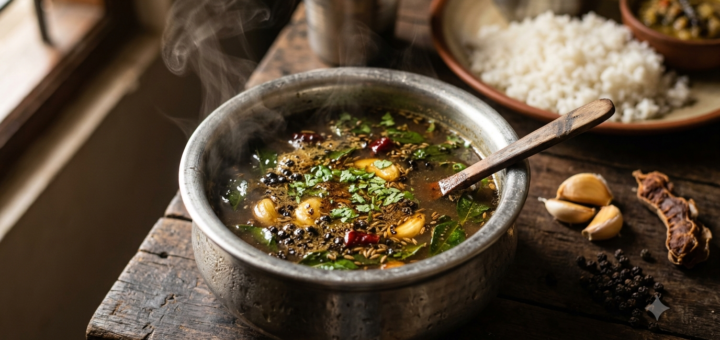 Garlic Pepper Rasam Without Tomato served hot in a bowl with coriander garnish