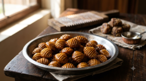 Gavvalu Recipe with Jaggery: golden fried shells coated in glossy bellam syrup on a steel plate