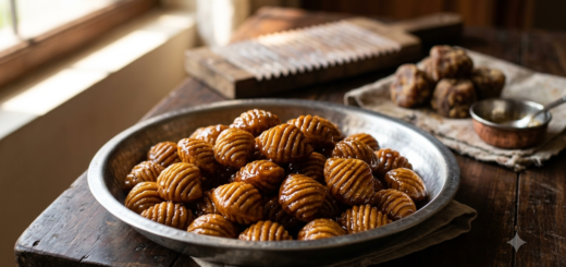 Gavvalu Recipe with Jaggery: golden fried shells coated in glossy bellam syrup on a steel plate