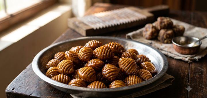 Gavvalu Recipe with Jaggery: golden fried shells coated in glossy bellam syrup on a steel plate