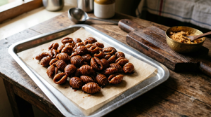 Gavvalu recipe with wheat flour: ridged brown Andhra sweet shells glazed in jaggery syrup