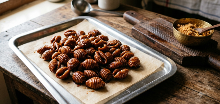 Gavvalu recipe with wheat flour: ridged brown Andhra sweet shells glazed in jaggery syrup
