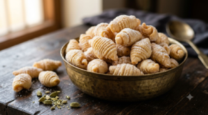 Gavvalu sweet recipe with sugar - crispy golden Andhra sweet shells with frosty sugar coating in a brass bowl