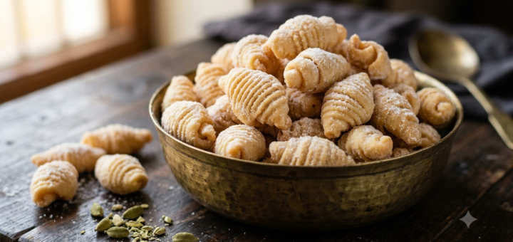 Gavvalu sweet recipe with sugar - crispy golden Andhra sweet shells with frosty sugar coating in a brass bowl