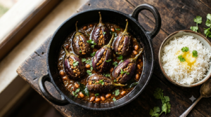 Gutti Vankaya curry recipe - stuffed baby brinjals in tangy peanut-sesame Andhra gravy with coriander