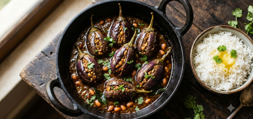 Gutti Vankaya curry recipe - stuffed baby brinjals in tangy peanut-sesame Andhra gravy with coriander
