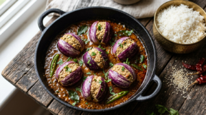 Gutti Vankaya Curry Without Peanuts served in a black kadai with steamed rice