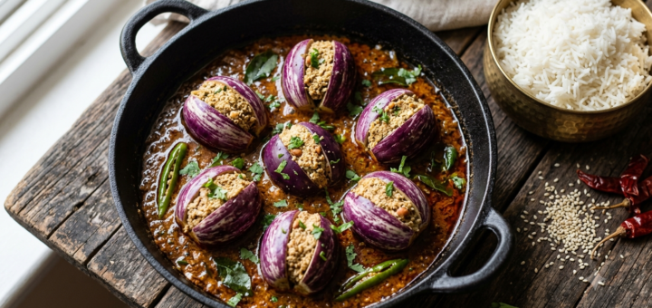 Gutti Vankaya Curry Without Peanuts served in a black kadai with steamed rice