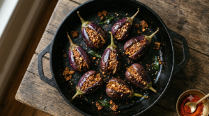 Gutti Vankaya Dry Curry stuffed brinjals cooking in a heavy iron pan