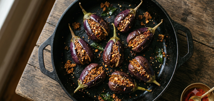 Gutti Vankaya Dry Curry stuffed brinjals cooking in a heavy iron pan