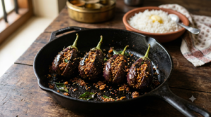 Gutti Vankaya Fry Recipe - Andhra stuffed baby brinjals slow-fried with roasted peanut and coconut masala