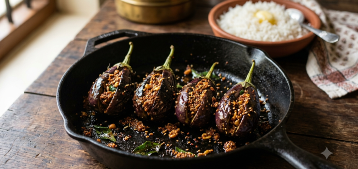 Gutti Vankaya Fry Recipe - Andhra stuffed baby brinjals slow-fried with roasted peanut and coconut masala