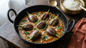 Gutti Vankaya Koora Coconut stuffed brinjal curry in a pan with coconut peanut masala gravy