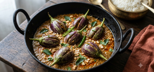 Gutti Vankaya Koora Coconut stuffed brinjal curry in a pan with coconut peanut masala gravy