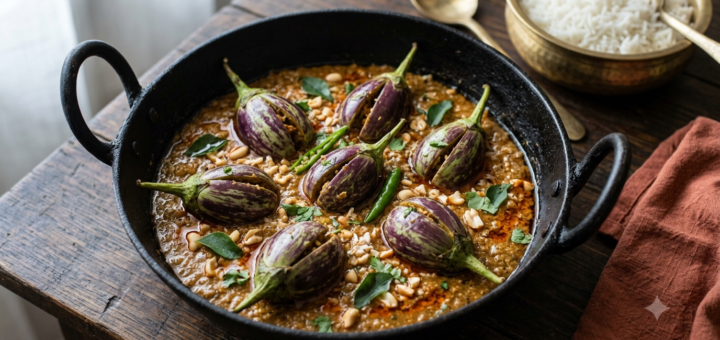 Gutti Vankaya Koora Coconut stuffed brinjal curry in a pan with coconut peanut masala gravy