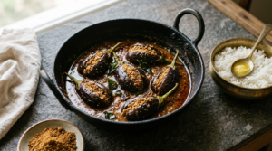 Gutti Vankaya Kura Brahmin style stuffed brinjals in tamarind peanut gravy with curry leaves