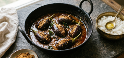 Gutti Vankaya Kura Brahmin style stuffed brinjals in tamarind peanut gravy with curry leaves