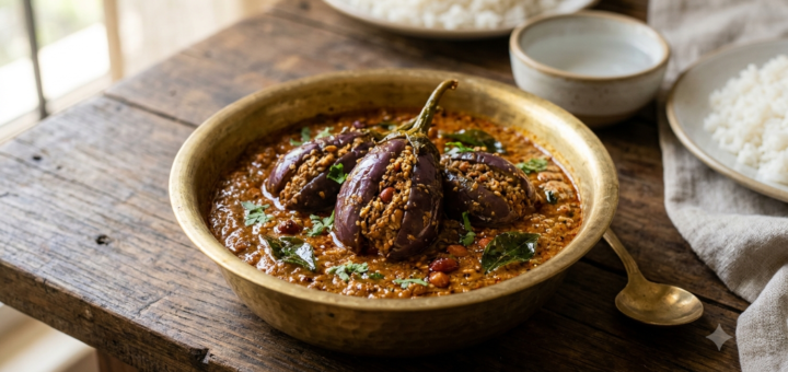Gutti vankaya kura Brahmin style stuffed brinjals in peanut sesame gravy
