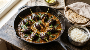 Gutti Vankaya Kura Telangana style stuffed brinjal curry in tamarind gravy, garnished with coriander