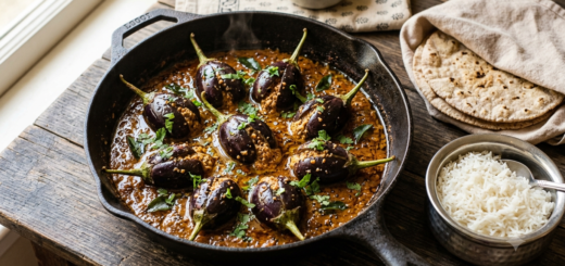 Gutti Vankaya Kura Telangana style stuffed brinjal curry in tamarind gravy, garnished with coriander