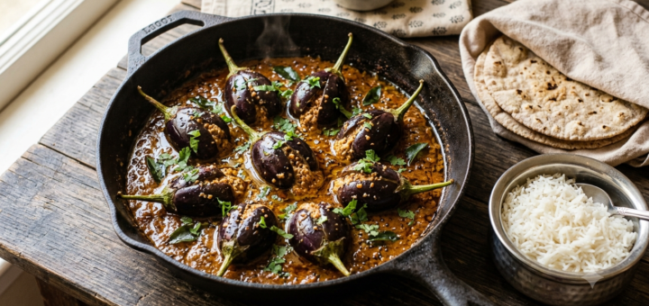 Gutti Vankaya Kura Telangana style stuffed brinjal curry in tamarind gravy, garnished with coriander