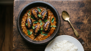 Gutti Vankaya Masala Curry with stuffed baby brinjals in thick Andhra peanut gravy