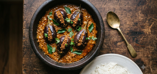 Gutti Vankaya Masala Curry with stuffed baby brinjals in thick Andhra peanut gravy